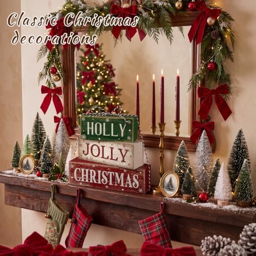 Moucuny 4 Pcs Christmas Table Decoration for Home Rustic Jolly Stacked Sign