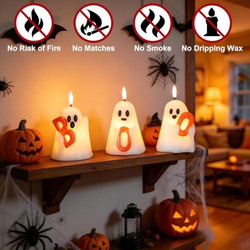 Halloween Ghost Flameless Candles with 6H Timer Hand-Painted Boo