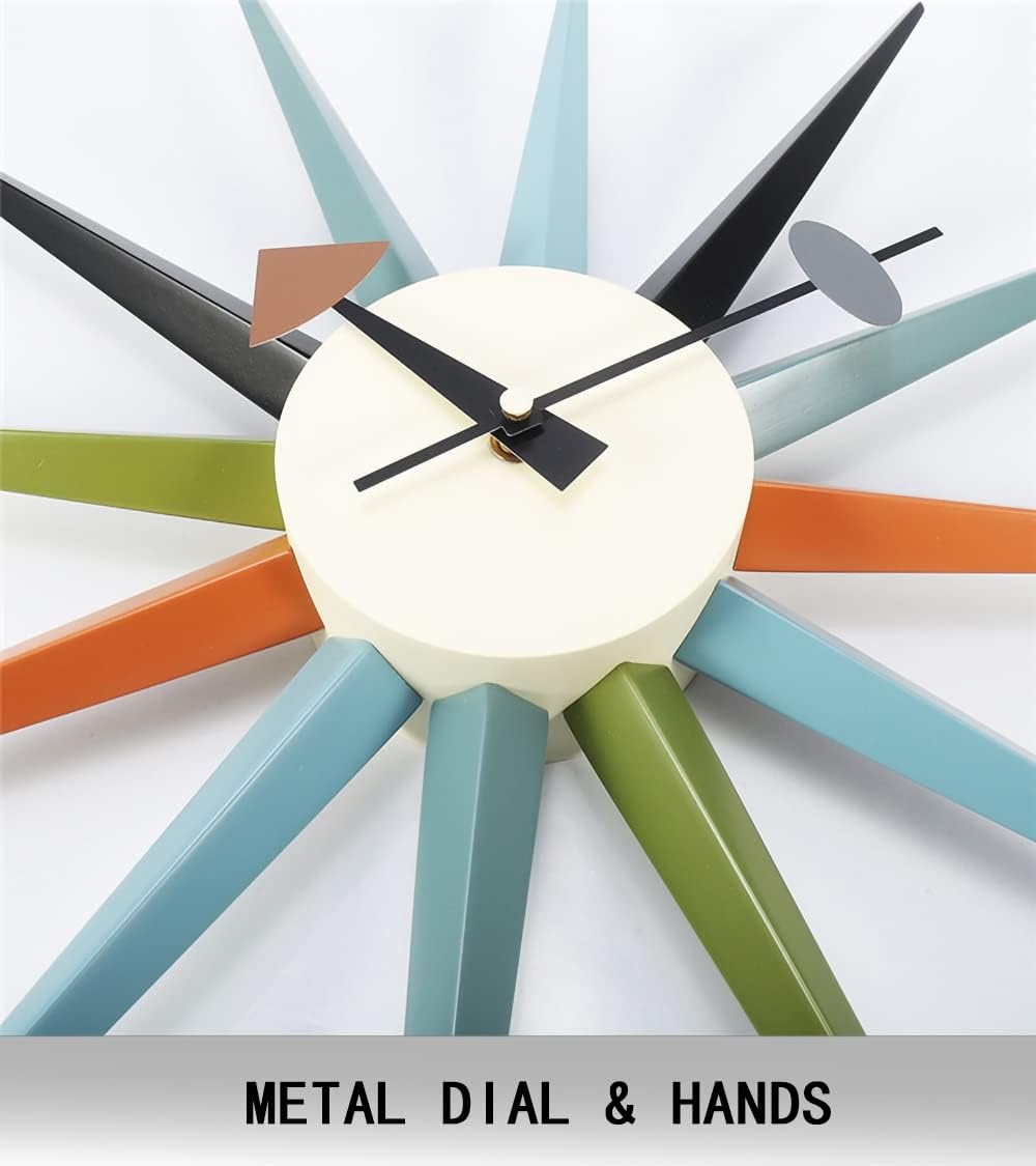 Large Sunburst Wall Clock 18 Inch, Mid Century Modern | Battery Operated, Silent Non-Ticking Quartz, Multicolor Solid