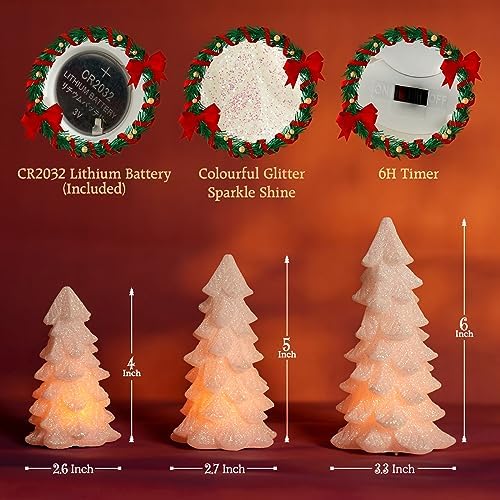 White Glittering Christmas Tree Shaped Flameless Candles with Timer, Real Wax Flickering Battery Operated LED Candles for Christmas Home Party Decoration Set of 3