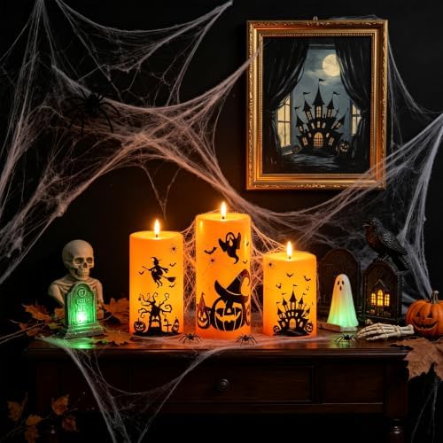 kakoya 5 Pack Halloween Flameless LED Pillar Candles, Orange Plastic Battery Operated Candles with 2 Remote Timer, Castle Pumpkin Witch Pattern for Halloween Spooky Decor