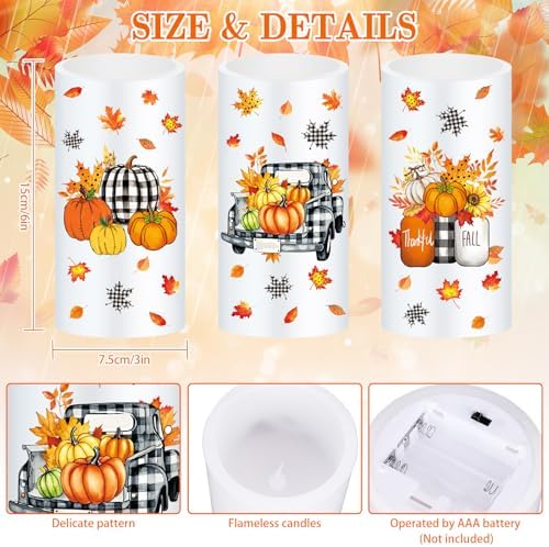 Whaline Fall LED Flameless Candles Plaid Pumpkin Truck Warm Light Battery Operated Pillar Candles Autumn Electric Flickering Candle for Thanksgiving Party Home Decor, Set of 3
