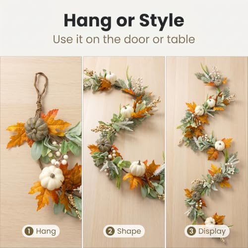 JINGHONG 6FT Fall Garland for Mantle with Pumpkins Berries Lamb Ears Leaves Thanksgiving Vine Pumpkin Garlands for Autumn Harvest Table Centerpieces Fall Decorations for Home Porch Fireplace Decor