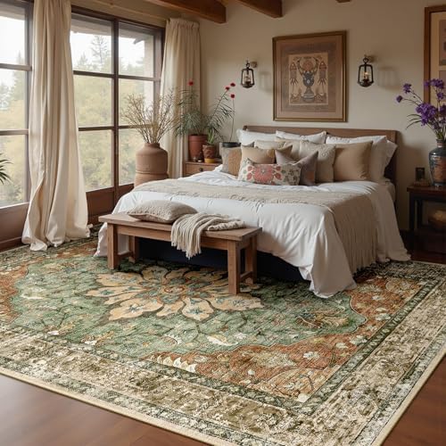 RELEANY Washable Area Rug, 8'x10', Brick/Brown/Green