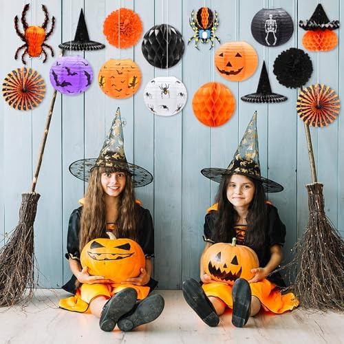 16-Pack Halloween Honeycomb Paper Lantern Ornaments – Hanging Decorations in Pumpkin, Spider, Witch Hat, and Ghost Designs for Halloween Party, Indoor Outdoor Décor, Fall Festival Supplies