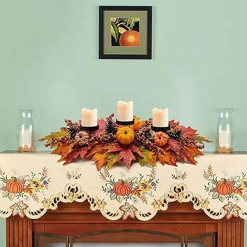 Fall Centerpiece Table Decorations, 27.5'' L Assorted Artificial Pumpkins, Pine Cones, Berries, and Autumn Leaves Harvest Table Candle Holder for Dinning Table, Fireplace Mantel (Candle Not Included)