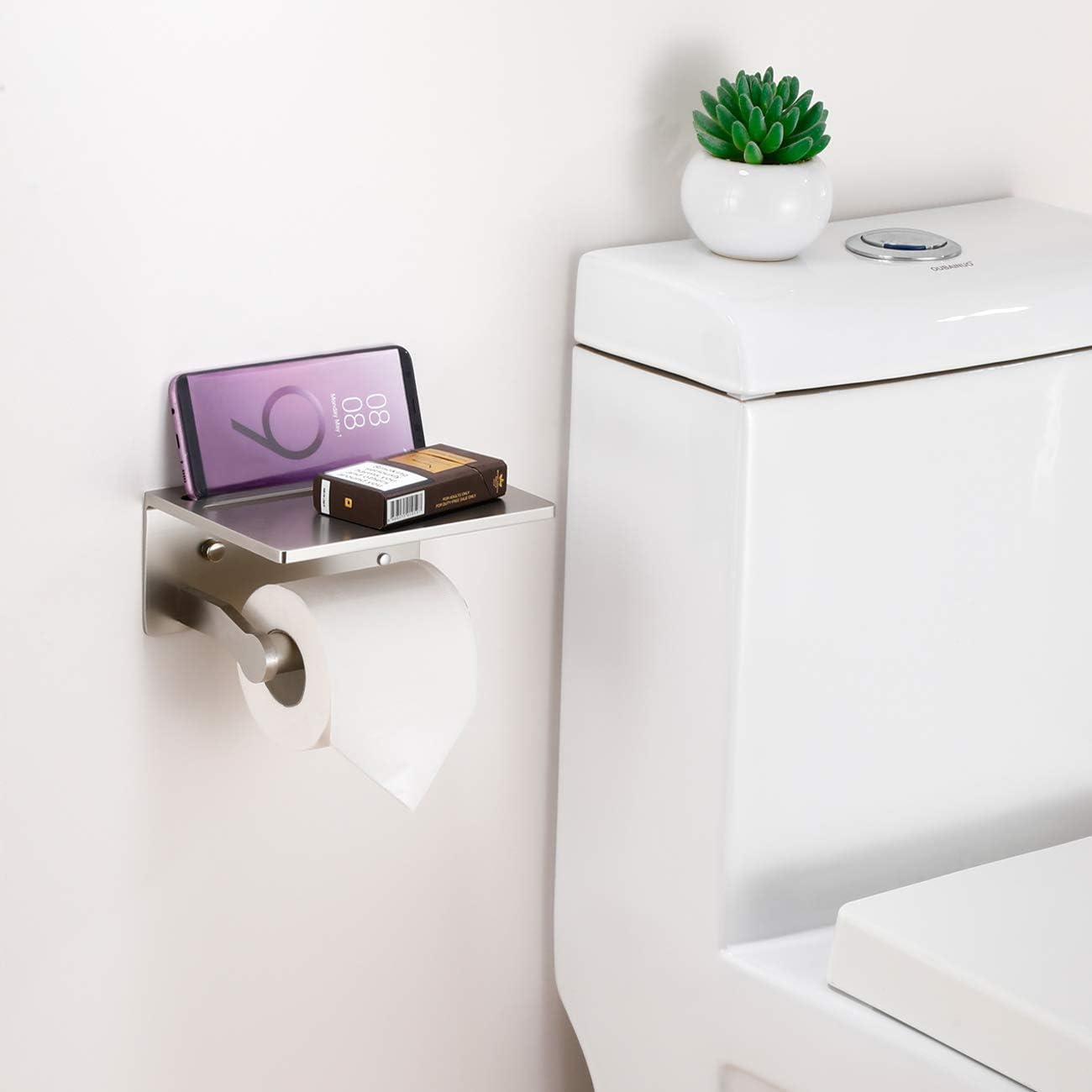Toilet Paper Holder with Shelf, Aluminum Tissue Roll Holder with Mobile Phone Storage Shelf for Modern Bathroom, 3M
