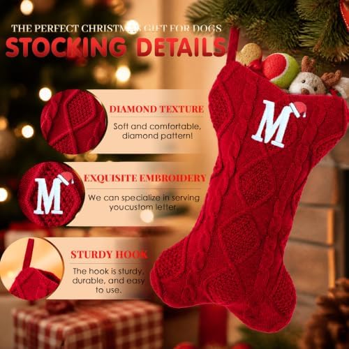Christmas Stockings with Initials, Letter K Pet Cat Dog Name Bone Shape Knitted Xmas Stockings, Christmas Party Fireplace Family Hanging Stocking Decorations(1 Pack, Red)