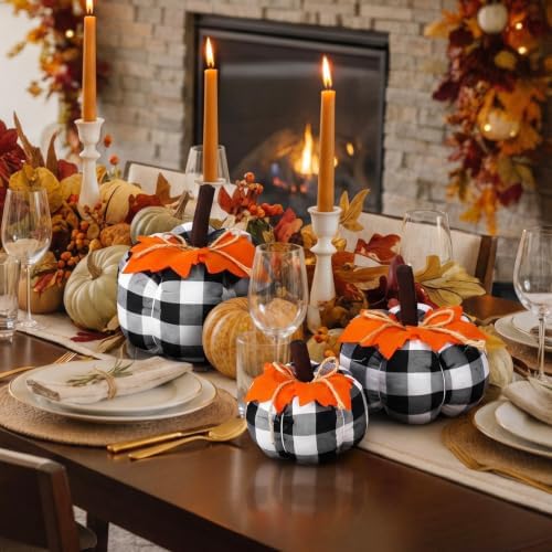 Beeveer 3 Pcs Fall Pumpkins Decor Black White Pumpkins with Orange Leaves