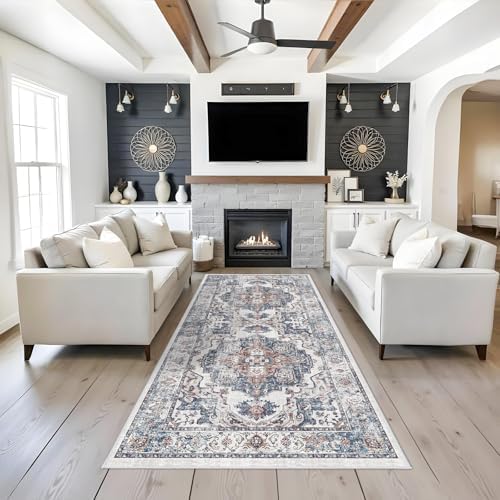 Washable 4x8 Hallway Area Rug: Vintage 8ft Water Resistant Soft Runner Rug for Entry Kitchen Non Slip Wide Low Pile