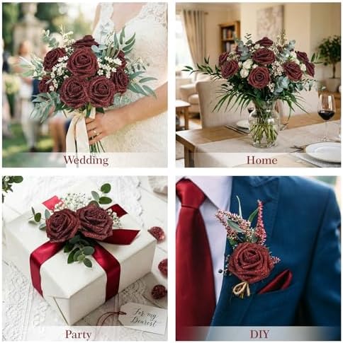 30PCS Red Glitter Artificial Roses with Stems, Real Touch Foam Flowers