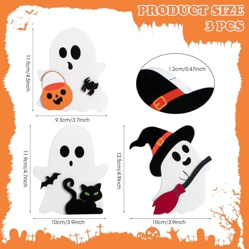 3 Pcs Halloween Ghost Decor - Cute Ghost Decorations Indoor, Wooden Tiered Tray Decor Table Sign Set, Halloween Table Decor Witch Broom Pumpkin Bat Blocks for Party Home Shelf Display