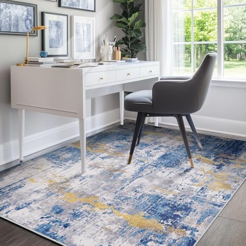 RELEANY Washable 4'x5' Abstract Area Rug for Living Room Blue Gold