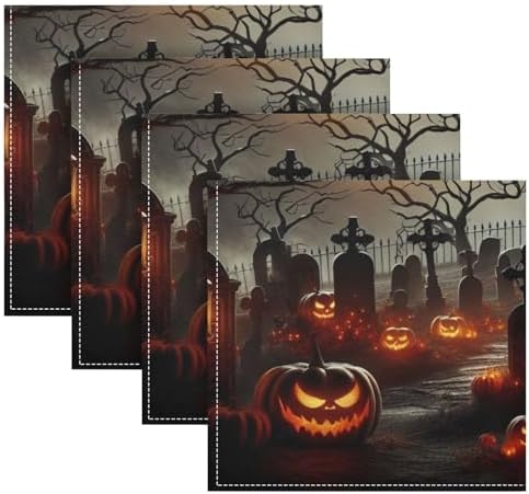 Halloween Witch Cemetery Cloth Napkins 20x20 Inch, 4 Pack Washable Dinner Napkins Reusable Napkins for Banquets, Weddings, Holiday, Party and Daily Use