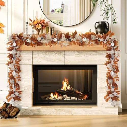 9 Ft Fall Garland with Lights & Timer, Thanksgiving Fireplace Mantel Decor