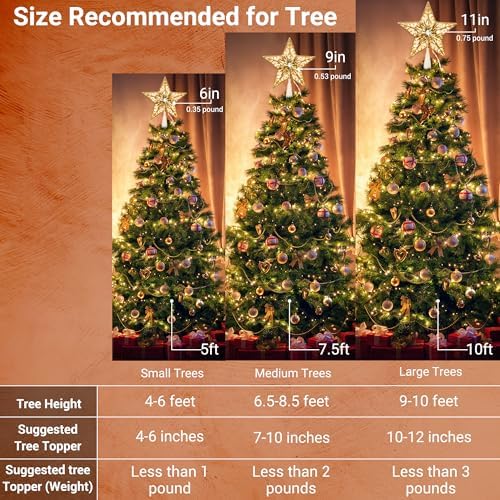 BrizLabs 9" Gold Christmas Tree Topper with 10 Lights, Lighted Star Treetop