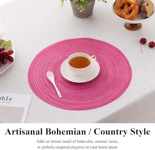 SHACOS Round Braided Placemats Set of 6 Cotton Polyester Woven Place Mats 15 inch Washable Table Mats for Kitchen Dining Tables (Hot Pink, 6)