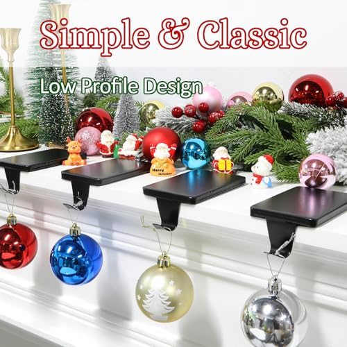 HMASYO Christmas Stocking Holders for Mantle Set of 6, Black Heavy Duty Iron Stocking Hangers Base, Low Profile Weighted Stocking Holder Hooks for Fireplace Tabletop Shelf Christmas Decoration