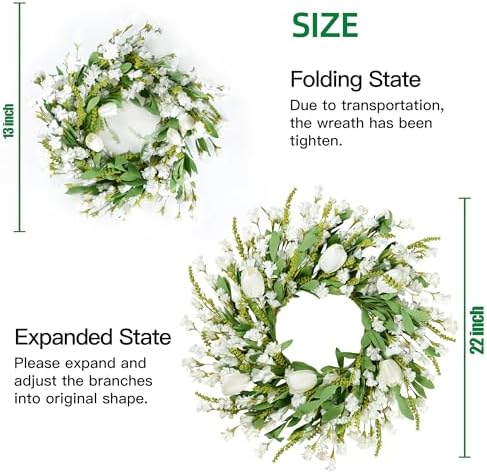 Sggvecsy Spring Summer Wreath for Front Door 22 Inch Artificial White Flower with White Tulips Greenery Leaves Lavender for All Seasons Home Farmhouse Indoor Outdoor Wall Decor