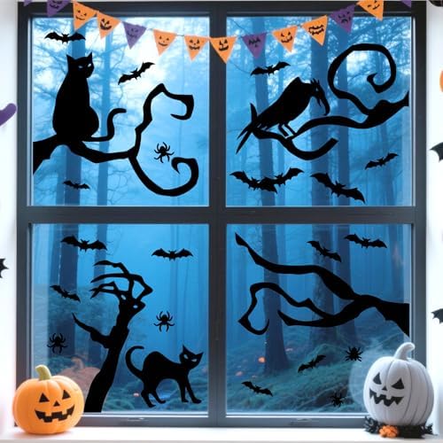 Tree Branch Bat Wall Stickers Halloween Vinyl Black Cat Crow Window Decals