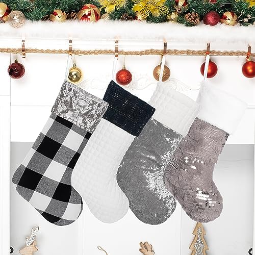 LUBOT 4 Pack Christmas Stockings Large Family Xmas Stocking Black White Gray Contrast Match Flannel Plaid Plush Sequins Hanging for Decorations Holiday