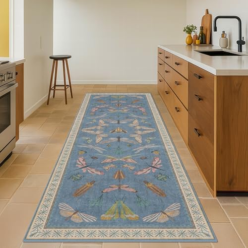 Hazo Haus Blue Boho Hallway Runner Rug 2x8, Washable Non Slip Rug with Rubber Backing for Bathroom, Kitchen & Laundry