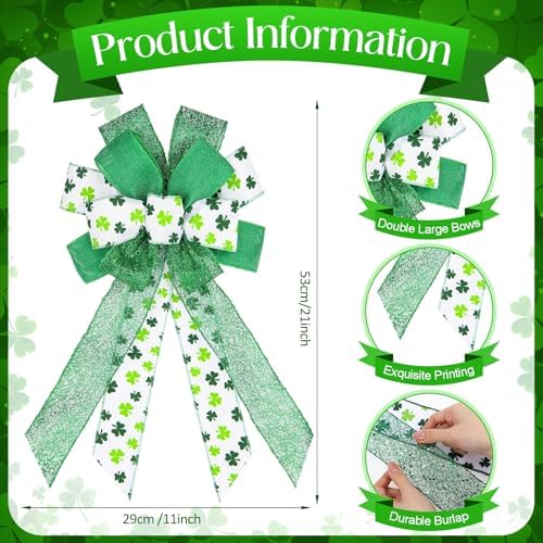 Suncalla 4 Pack Large Spring Bows for Wreath 21x11 Inch Green Shamrock Tree Topper Bow Clover Burlap Bowknot Holiday Crafts with Wired Edge for Basket Front Door Wall Outdoor Decor Ornament