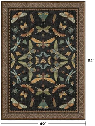 Washable 5x7 Black Rug for Living Room - Foyer Rugs for Entryway, Bedroom, Home Office, Gothic Witchy Insect Bug Floral