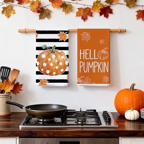 Bonsai Tree Fall Kitchen Towels, Pumpkin Fall Decor, Stripe Hand Towels