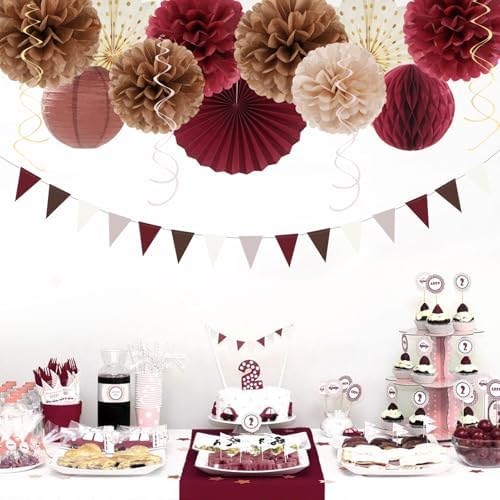 Burgundy Brown Beige Boho Party-Decorations - 20pcs Dusty Pink Fall Birthday Paper Lanterns Fans,Tissue Pom Poms,Honeycomb Balls,Autumn Wedding Bridal Shower Rustic Neutral Baby Decor Burgleda