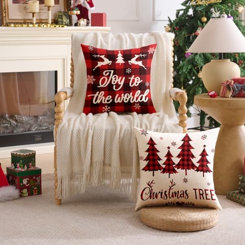 Plaid Christmas Pillow Covers 18x18 Buffalo Check Set of 4 Red Black Christmas Decorations Farmhouse Throw Pillow Covers Winter Holiday Linen Cushion Case for Home Sofa Couch Bed Chair