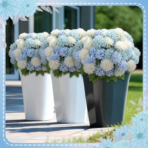 XunYee 12 Pcs Blue Artificial Flowers for Outdoor,Silk Chrysanthemums