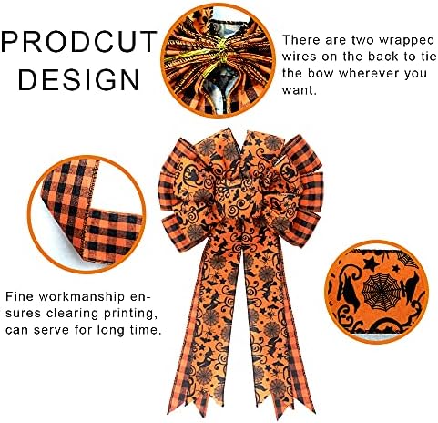 Buffalo Plaid Halloween Bow - Large Black & Orange Spider Web Bat Tree Topper - Gift Bows for Party & Home Decoration