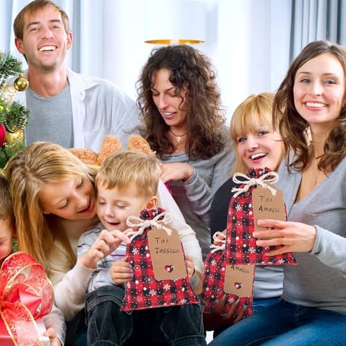 Shappy 24 Pcs Christmas Drawstring Gift Bags Xmas Buffalo Plaid Burlap Advent Bags 5.5 x 4 Inches Linen Treat Candy Bag with 32.8 ft Rope 24 Card(Black Red Snowflake)