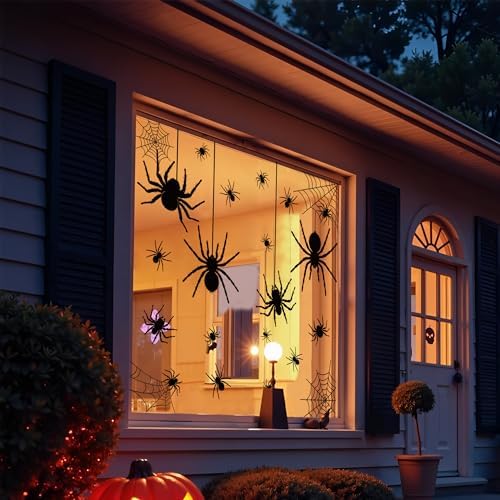 9 Sheets Halloween Window Clings Extra Large Black Spider Window Decals Scary Spider Web Silhouette Windows Stickers Double Sided Windows Clings for Halloween Home School Office Glass Party Decor
