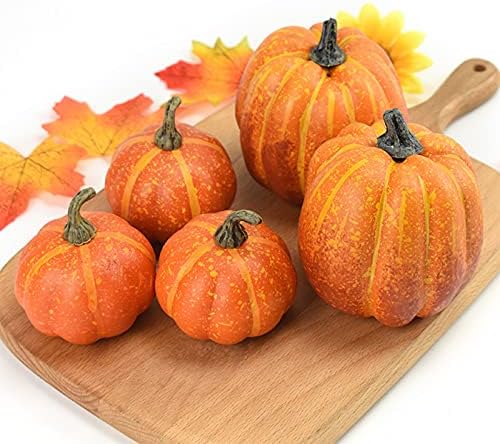 7Pcs Artificial Pumpkins of all Styles Halloween Decoration Rural Style Farmhouse Foam Pumpkin Harvest Season Thanksgiving Day is Suitable for Table top House Dining Table Party Decoration (Orange)