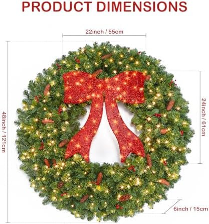 SHareconn 48Inch Large Artificial Prelit Christmas Wreath for Outdoor Decor
