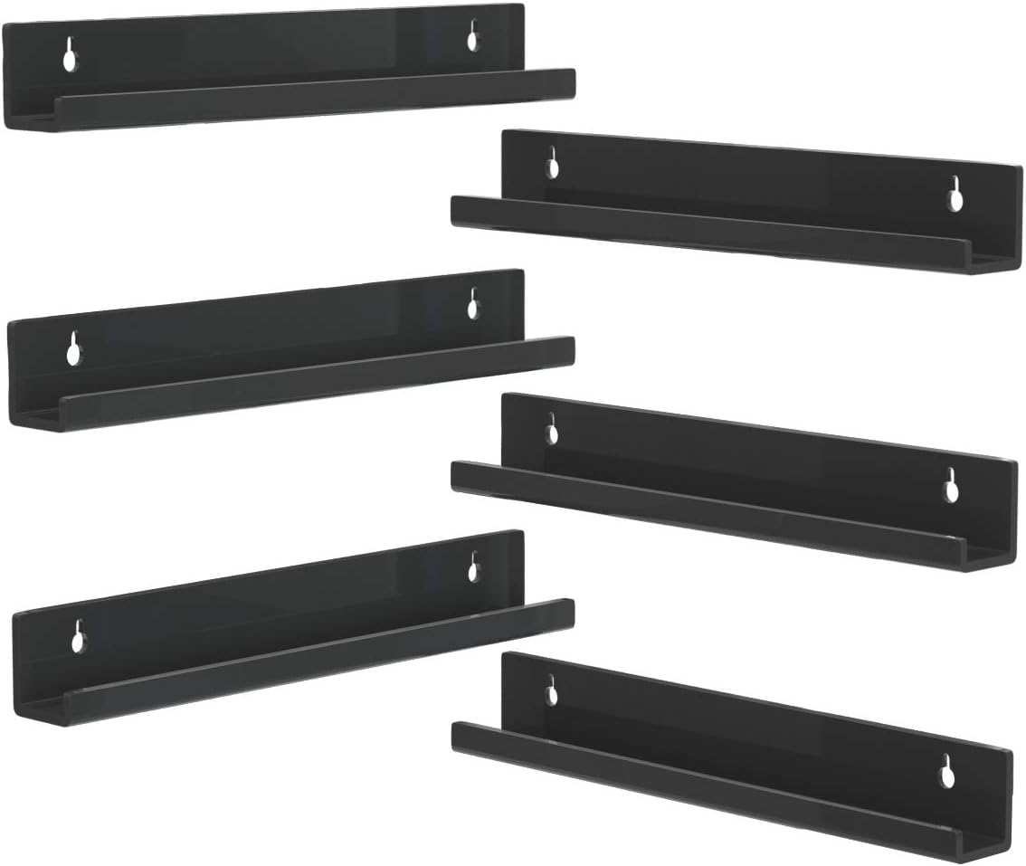 NIUBEE Vinyl Record Shelf Wall Mount, Vinyl Holder Wall, 6 Pack, Black | 12inch Acrylic Record Vinyl Shelves Display