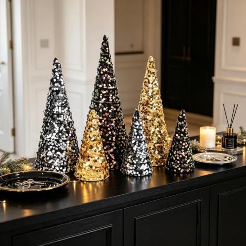 6 PCS 12" 10" 6" Christmas Sequin Cone Tree Decorations Black Gold Silver Glitter Tabletop Small Trees Tiered Tray Ornament for Xmas Gothic Halloween Farmhouse Mantel Shelf Table Home Party Tree Decor
