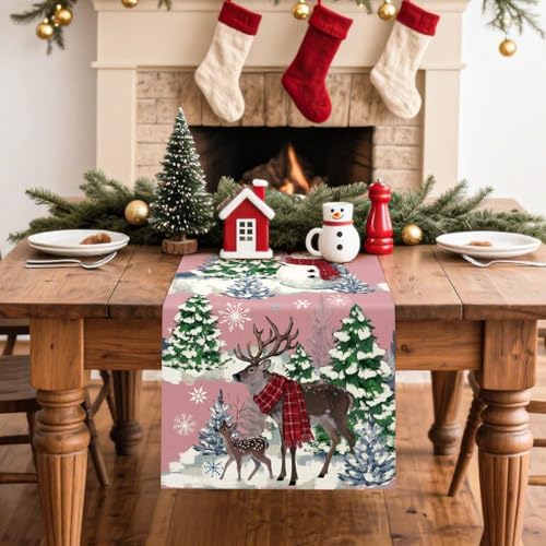 Artscope Reindeer Snowman Christmas Tree Table Runner, Xmas Winter Snowflakes Holiday Kitchen Dining Table Decoration for Christmas Home Party Decor 13x120 Inch-Pink