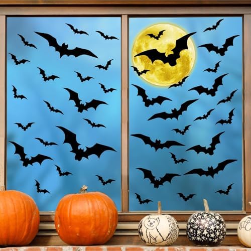 Halloween Moon Wall Decal Vinyl Bat Wall Stickers Clings Black Bats Decor