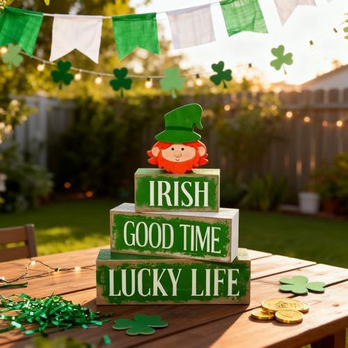 St. Patrick’s Day Decorations - St Patrick Day Irish Good Time Tiered Tray Decor Set - Wooden Leprechaun Tabletop Decoration - Rustic Farmhouse Holiday Home Decor for Indoor Shelf Mantel Coffee Table Gift
