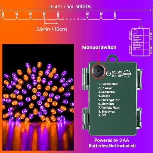 Orange Purple Halloween Lights String Waterproof for Halloween Decorations, Timer 8 Modes Battery Operated String Lights 50LED 17FT for Indoor and Outdoor
