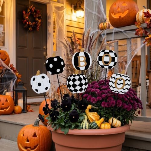 6 Pcs Halloween Outdoor Decoration Checkered Pumpkin Garden Stake