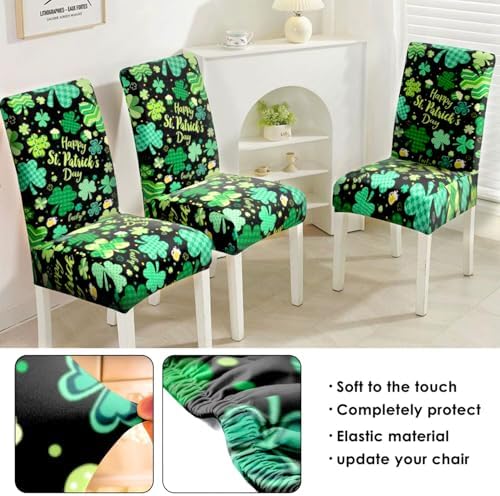 St Patricks Day Chair Covers Set of 6,Lucky Shamrock Chairs Slipcover for Dining Room, Removable Washable Breathable Cover in the Kitchen Restaurant Holiday Decor