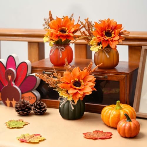 Fall Tiered Tray Decor - 3 Pcs Pumpkin Cups with Artificial Sunflowers