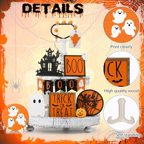Umigy 15 Pcs Halloween Tiered Tray Decor Orange Ghost Wooden Signs Boo