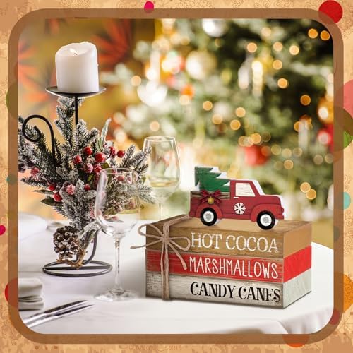 4 Pcs Christmas Tiered Tray Decor Red Truck Wooden Book Signs