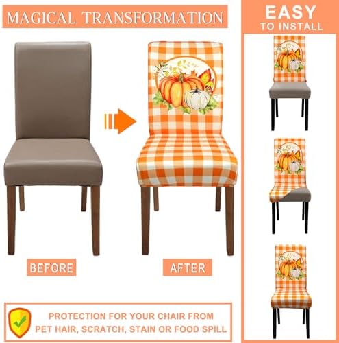 Fall Chair Covers for Dining Room Set of 6 Autumn Pumpkin Dining Chair Protectors 6 Pcs Stretch Removable Washable Chair Slipcovers 6 Pack for Thanksgiving Home and Party Decor