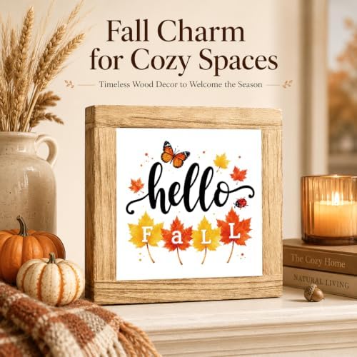 Fall Wood Sign, Hello Fall Maple Leaf Butterfly Tabletop Decor